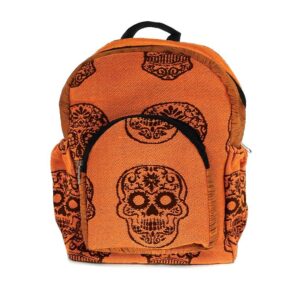 Handmade small cushioned backpack bag with floral Day of the Dead sugar skull print pattern material and vegan suede in orange, dark orange, and dark brown color combination.