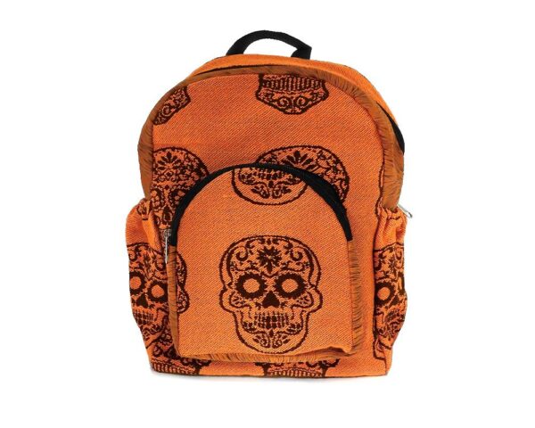 Handmade small cushioned backpack bag with floral Day of the Dead sugar skull print pattern material and vegan suede in orange, dark orange, and dark brown color combination.