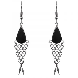 Handmade teardrop-cut gemstone cabochon earrings with alpaca silver metal fish tail chain dangle in black onyx.