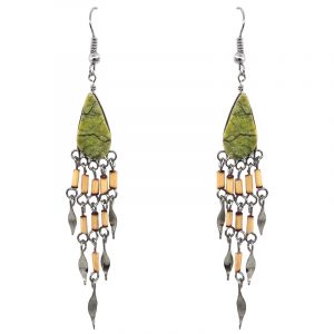 Handmade teardrop-cut gemstone cabochon earrings with long wooden bamboo and alpaca silver metal dangles in olive green serpentine.