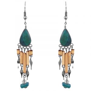 Handmade teardrop-cut gemstone cabochon earrings with long wooden bamboo, chip stone, and alpaca silver metal dangles in teal green chrysocolla.