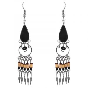 Handmade teardrop-cut gemstone cabochon earrings with hoop and long wooden bamboo, seed bead, and alpaca silver metal dangles in black onyx.