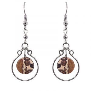 Handmade round circle-cut gemstone cabochon dangle earrings with alpaca silver metal hoop border in beige, tan, and brown leopardskin jasper.