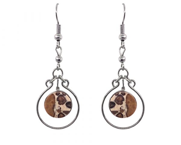 Handmade round circle-cut gemstone cabochon dangle earrings with alpaca silver metal hoop border in beige, tan, and brown leopardskin jasper.