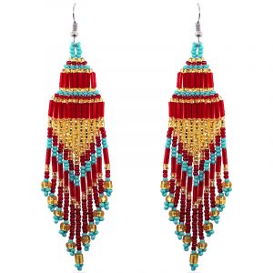 Handmade extra long multicolored Czech glass seed bead chandelier fringe dangle earrings in red, turquoise mint, and gold color combination.