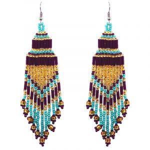 Handmade extra long multicolored Czech glass seed bead chandelier fringe dangle earrings in burgundy, turquoise mint, and gold color combination.