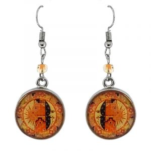 Handmade round-shaped New Age themed sun and moon graphic acrylic dangle earrings with silver metal setting and beaded metal hooks in tribal pattern and orange, light yellow, gold, and black color combination.