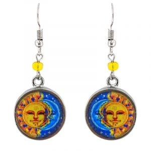 Handmade round-shaped New Age themed sun and moon graphic acrylic dangle earrings with silver metal setting and beaded metal hooks in golden yellow, orange, turquoise, and blue color combination.