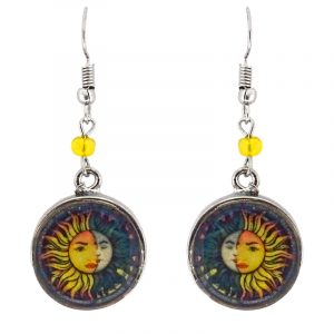 Handmade round-shaped New Age themed sun and moon graphic acrylic dangle earrings with silver metal setting and beaded metal hooks yellow, orange, dark green, and mint color combination.