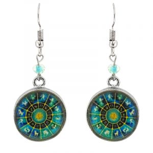 Handmade round-shaped New Age themed astrology zodiac wheel graphic acrylic dangle earrings with silver metal setting and beaded metal hooks in teal green, turquoise, blue, black, yellow, and white color combination.