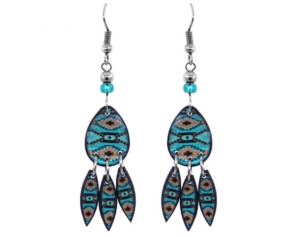 Handmade teardrop-shaped Southwest pattern graphic acrylic dangle earrings with long matching dangles and beaded metal hooks in turquoise blue, beige, and black color combination.