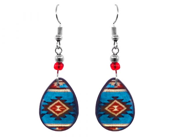 Handmade teardrop-shaped Southwest pattern graphic acrylic dangle earrings with long matching dangles and beaded metal hooks in turquoise blue, beige, maroon, and dark orange color combination.