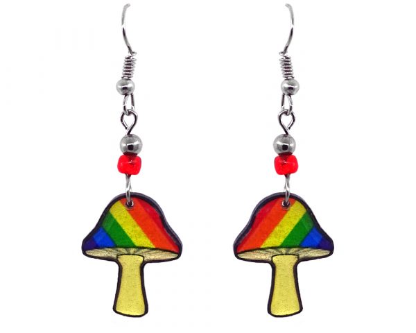Handmade magic mushroom acrylic dangle earrings with beaded metal hooks with striped pattern in rainbow colors.