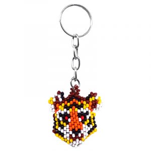 Handmade Czech glass seed bead figurine keychain of a tiger head in orange, yellow, brown, black and white color combination.