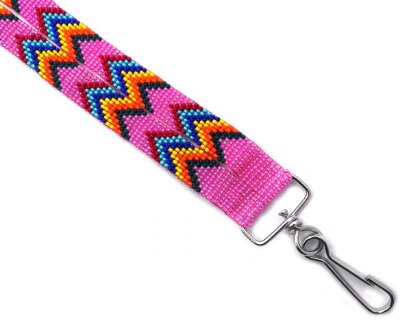 Handmade Czech glass seed bead wide strap lanyard with multicolored Native American inspired pattern design and silver metal swivel hook clasp in pink, dark green, orange, yellow, blue, turquoise, and red color combination.
