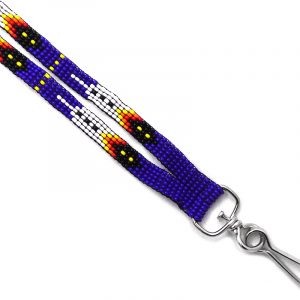 Handmade Czech glass seed bead thin strap lanyard with multicolored Native American inspired feather pattern design and silver metal swivel hook clasp in blue, white, yellow, orange, red, and black color combination.