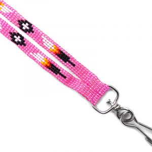 Handmade Czech glass seed bead thin strap lanyard with multicolored Native American inspired feather pattern design and silver metal swivel hook clasp in pink, white, yellow, orange, red, and black color combination.