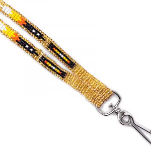 Handmade Czech glass seed bead thin strap lanyard with multicolored Native American inspired feather pattern design and silver metal swivel hook clasp in gold, white, yellow, orange, and black color combination.