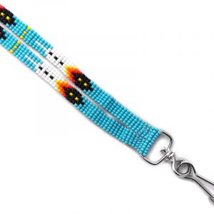 Handmade Czech glass seed bead thin strap lanyard with multicolored Native American inspired feather pattern design and silver metal swivel hook clasp in turquoise blue, white, yellow, orange, red, and black color combination.