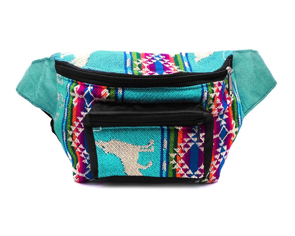 Handmade large cushioned fanny pack bag with multicolored Aztec inspired tribal print striped pattern and southwest wolf design material and vegan suede in turquoise mint, teal, beige, and multicolored color combination.