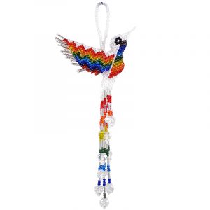 Handmade matte Czech glass seed bead hummingbird figurine hanging ornament with crystal beaded tail dangles in white and rainbow color combination.