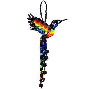 Handmade matte Czech glass seed bead hummingbird figurine hanging ornament with crystal beaded tail dangles in black and rainbow color combination.