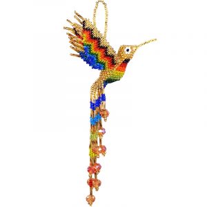 Handmade Czech glass seed bead hummingbird figurine hanging ornament with crystal beaded tail dangles in gold and rainbow color combination.
