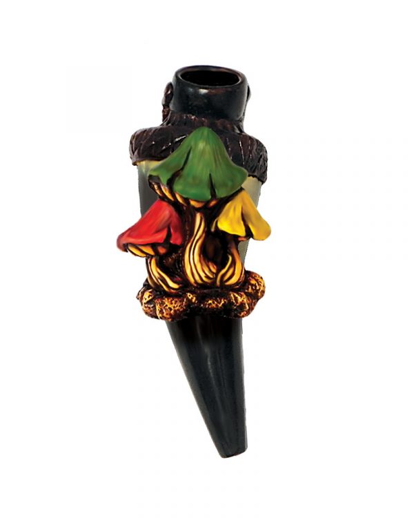 Handcrafted tobacco smoking natural bullhorn hand pipe of three mushrooms in Rasta colors.