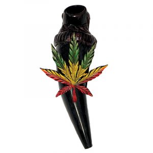 Handcrafted tobacco smoking natural bullhorn hand pipe of a cannabis pot leaf in Rasta colors.