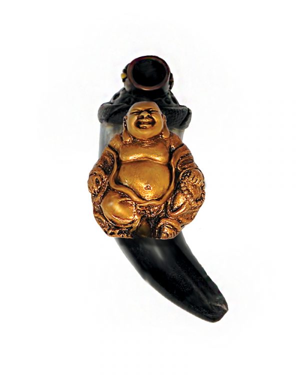 Handcrafted tobacco smoking natural bullhorn hand pipe of a gold-colored fat happy buddha.