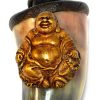 Handcrafted tobacco smoking natural bullhorn hand pipe of a gold-colored fat happy buddha.