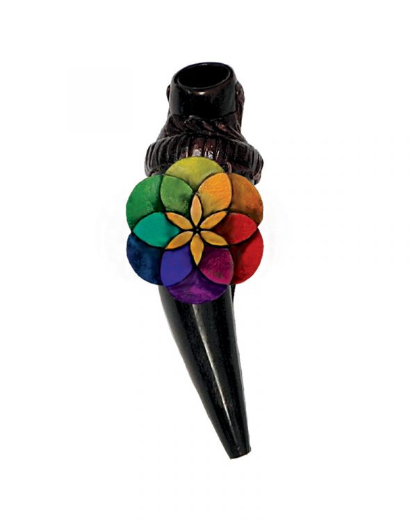Handcrafted tobacco smoking natural bullhorn hand pipe of a sacred geometry seed of life symbol in rainbow colors.