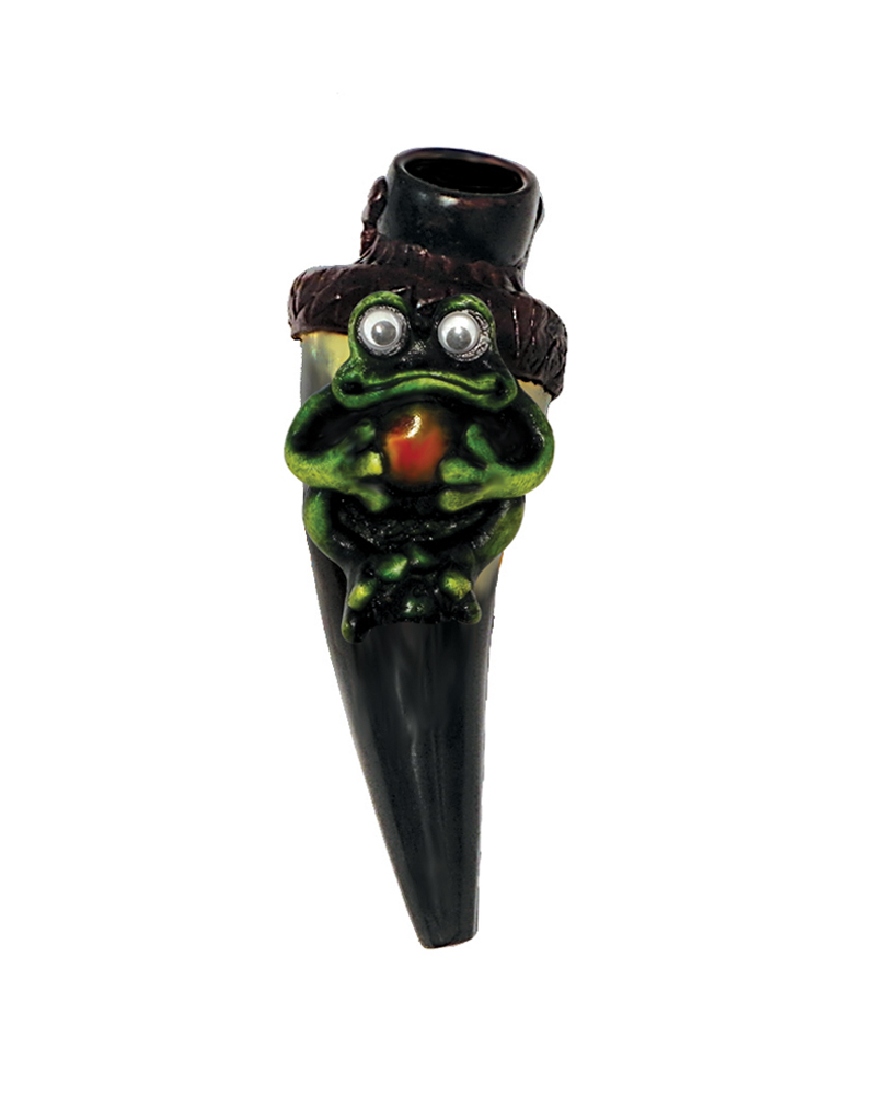 Handcrafted tobacco smoking natural bullhorn hand pipe of a green frog with googly eyes.