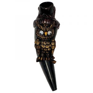 Handcrafted tobacco smoking natural bullhorn hand pipe of a perched brown owl with googly eyes on a branch.