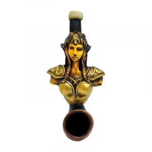 Handcrafted tobacco smoking hand pipe of a gold female elf warrior in mini size.