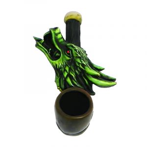 Handcrafted tobacco smoking hand pipe of a green dragon head with red eyes in mini size.