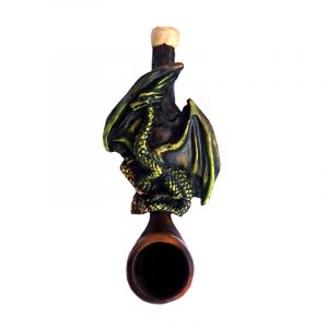 Handcrafted tobacco smoking hand pipe of green dragon perched on a rock with a wing up in mini size.
