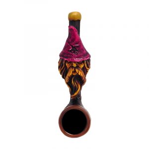 Handcrafted tobacco smoking hand pipe of a bearded wizard head wearing wizard hat in mini size.