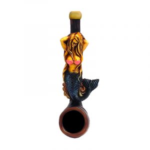 Handcrafted tobacco smoking hand pipe of sexy mermaid with pink seashell top and blue fin in mini size.