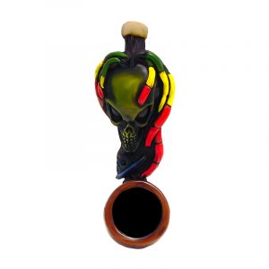 Handcrafted tobacco smoking hand pipe of a green alien head with Rasta colors and a blue spaceship in mini size.