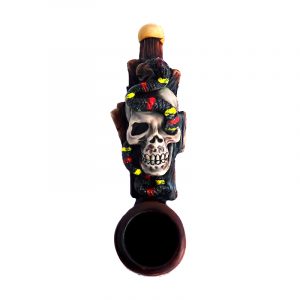 Handcrafted tobacco smoking hand pipe of a skull with a slithering coral snake in mini size.