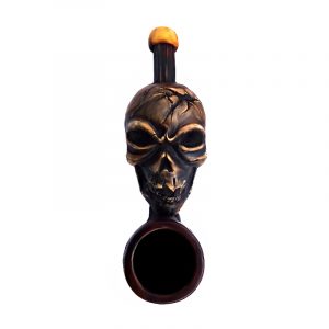 Handcrafted tobacco smoking hand pipe of a dark gray cracked skull in mini size.