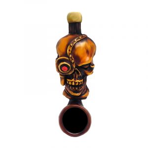 Handcrafted tobacco smoking hand pipe of a cyborg skull with a robot eye in mini size.