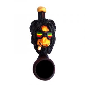 Handcrafted tobacco smoking hand pipe of a smoking lion head with dreaded mane and Rasta-colored sunglasses in mini size.