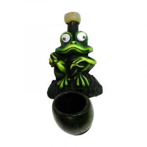 Handcrafted tobacco smoking hand pipe of a green sitting frog with googly eyes in mini size.