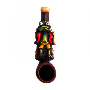 Handcrafted tobacco smoking hand pipe of a smoking green Rasta frog with googly eyes and a peace sign chain in mini size.