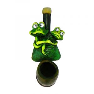 Handcrafted tobacco smoking hand pipe of two horny green frogs with googly eyes in mini size.