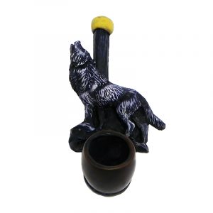 Handcrafted tobacco smoking hand pipe of a howling gray wolf in mini size.