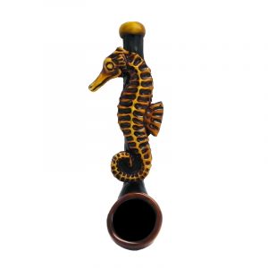 Handcrafted tobacco smoking hand pipe of a golden-colored seahorse in mini size.