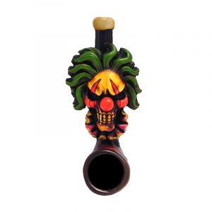 Handcrafted tobacco smoking hand pipe of an evil clown head with a creepy smile and red nose in mini size.